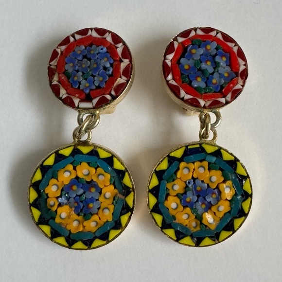 Micro Mosaic Intricate Dangle Earrings Clip-On Roma Italy Italian Vintage Glass - Picture 7 of 7